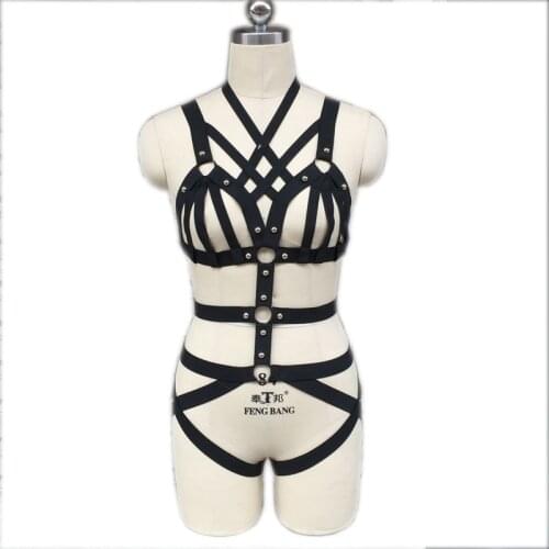Womens Sexy Full Bondage Lingerie Punk Harajuku Body Harness Cage Bra Elastic Garter Body Bondage Underwear N0077