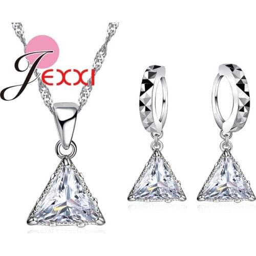 Cubic Zirconia Triangle Statement Necklace Drop Piercing Earrings Women 925 Sterling Silver Wedding Anniversary Jewelry Sets