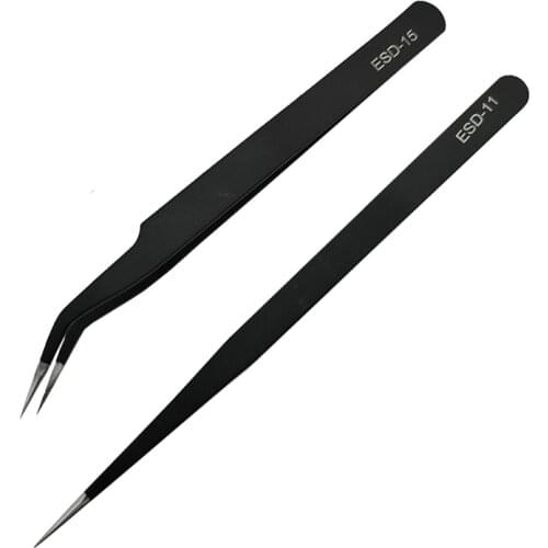 2pcs/Set ESD 11/15 Anti Static ESD Stainless Steel Precision Tweezers Straight Curved Tip Tweezers for Electronics