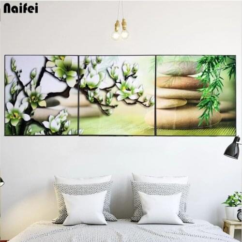 5d Diy Diamond Painting 3 Pcs/Set White Orchid And Zen Buddhism Stone Wall Art Pictures Decor Diamond Embroidery Cross Stitch