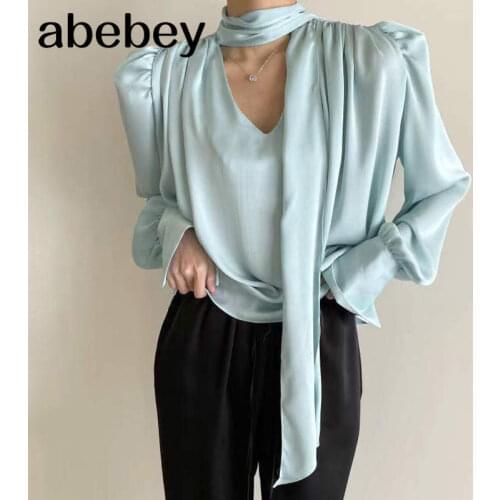 V Neck Lace Up Bow Design Solid Blouse Women Pullover Long Sleeve Loose Blusas Work Style Ol All Match Shirt Loose