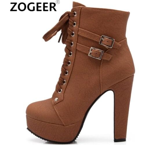 Fashion Ankle Boots Women Platform High Heels Motorcycle Boots Fashion Buckle Lace-up Brown Long Ladies Shoes Large Size 48