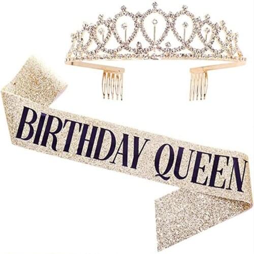 Gold Silver Pink Glitter Birthday Sash Crystal Crown Borthday Queen Satin Sash 18th 20th 30th Birthday Party Decor