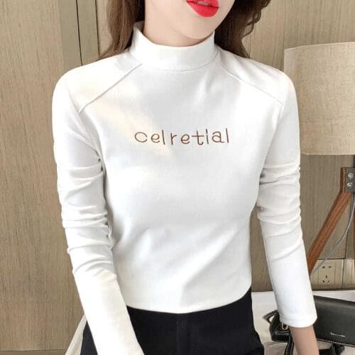 Korean Style Womens T-Shirt Autumn Winter Warm Fleece Tops Soft Cozy Women Fashion Letter Embroidery Half Turtleneck Base Shirt