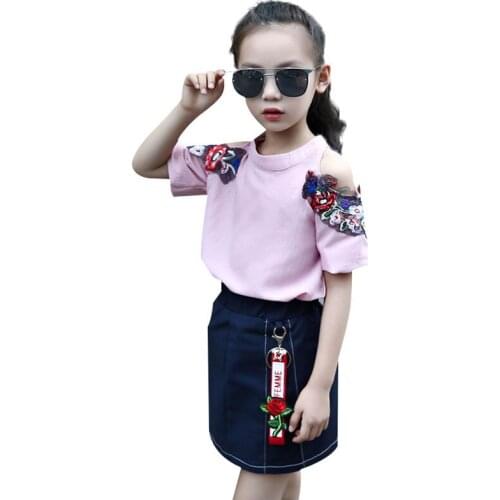 2020 Girl Clothing Set For 4-10 Y Fashion Children Short sleeve T-shirt Tops Denim Skirt Suit Teenager Girl Party Clothes Sets
