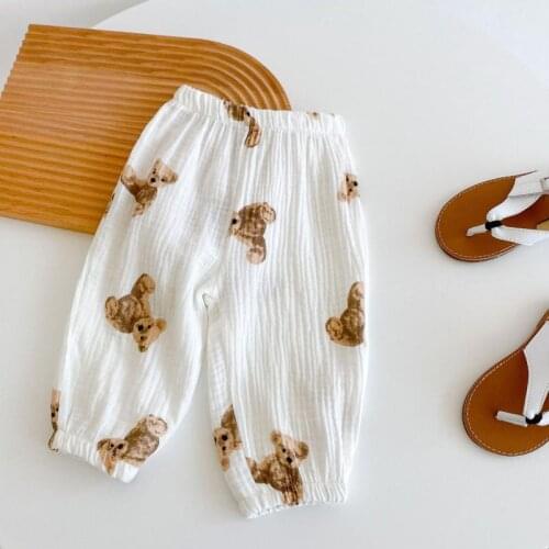 2021 Summer New Baby Cartoon Bear Pattern Pants Boys Cute Bear Printed Cotton Trousers Girls All-match Anti-mosquito Pants