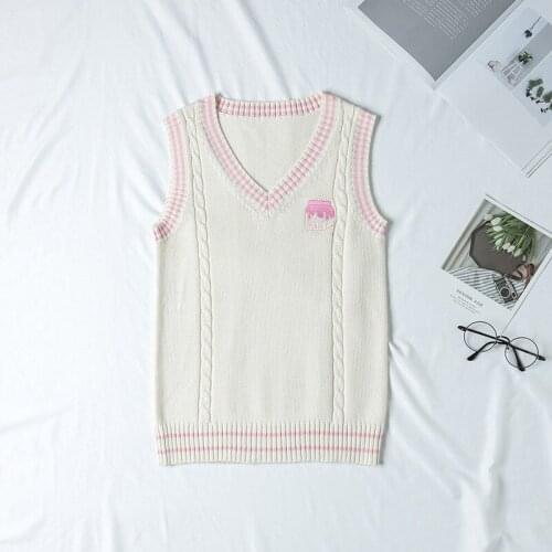 New Cute Cheese Embroidered College Style Japanese JK Uniform Stripes Knitted Vest japanese school uniform