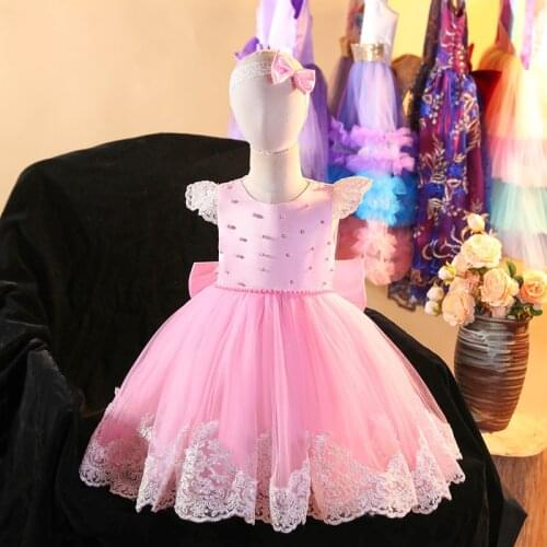 New Lace Little Princess Party Dress Birthday Tulle Fashion Outfit with Headbands Raibow Sequin Colorful Baby Wear for Summer