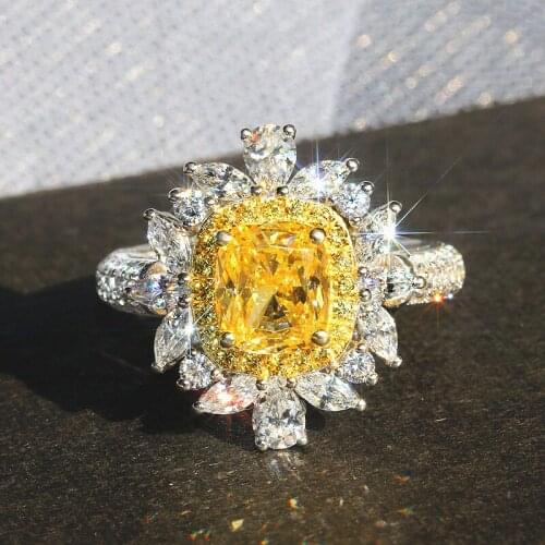 Solid 18K White Gold 3ctw Yellow Moissanite Centre 1.5ct Cushion Ice Cut Ring Double Halo Moissanite Fine Gold Jewelry For Women
