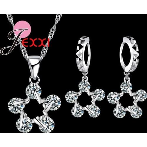 Hot Women Jewelry 925 Sterling Silver Charming Cubic Zirconia CZ Crystal Necklace and Hoop Earings for Anniversary Gift