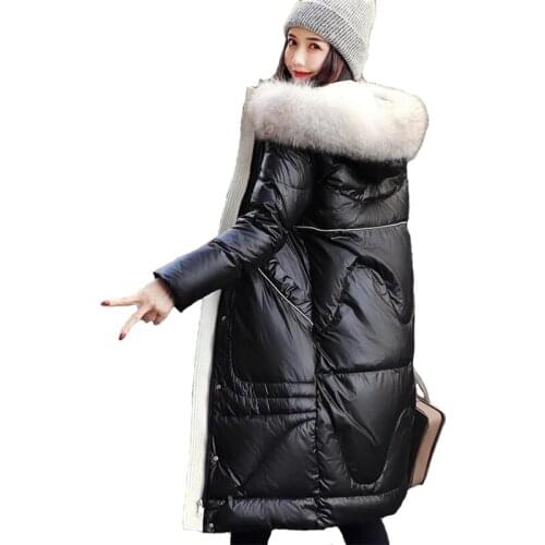 High quality Down Jacket Women 2020 Winter Raccoon Dog Fur collar Hooded Coat Thick Warm Female White duck down Long Coats A2397