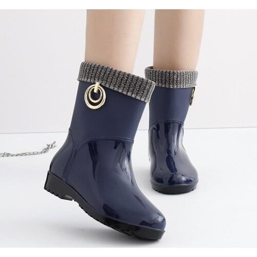 Rubber Rain Boots for Women Waterproof High Heel Fashion Girls Shoes Ladies Short Ankle PVC Rainboots Non-slip Fur Leather Boots