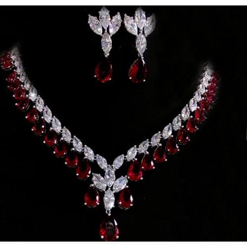 Luxurious CZ Big Statement Long Dangle Dubai Women Wedding Party Gift Jewelry Sets With India Red Cubic Zirconia Stone