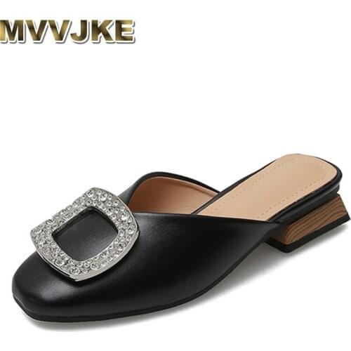 MVVJKE Closed Toe Mules Women Genuine Leather Low Heels Slippers Crystal Metal Buckle Slip on Slides Shallow Loafers Big Size
