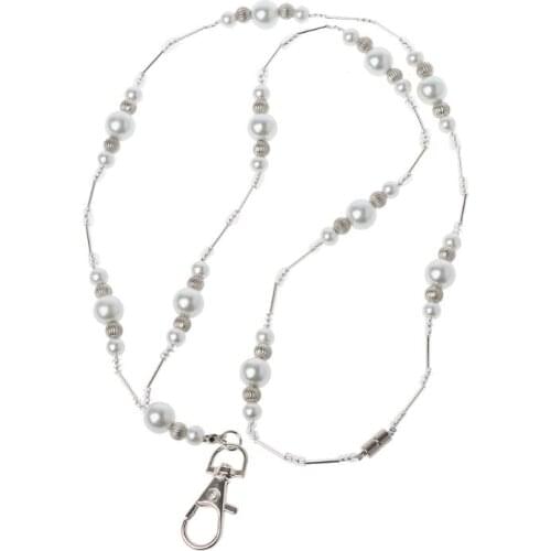 Hidden Hollow Beads White Pearls Beaded Lanyard ID Badge Holder Pendant Necklace