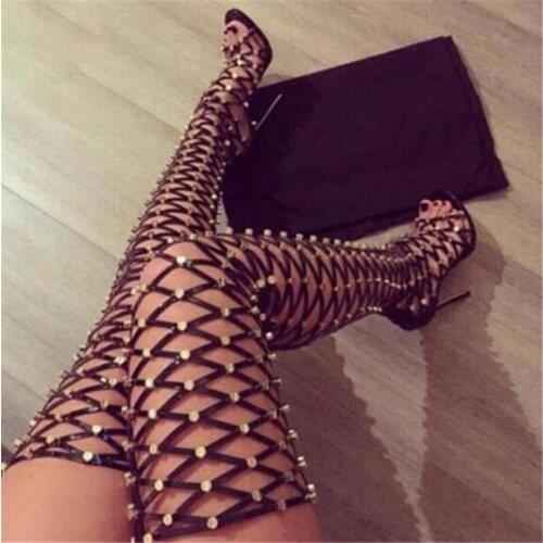 Sestito The Hottest 2018 Woman Sexy Cut-outs Rivets Gladiator Sandals Ladies Peep Toe High Heels Over-the-knee Boots With Rivets