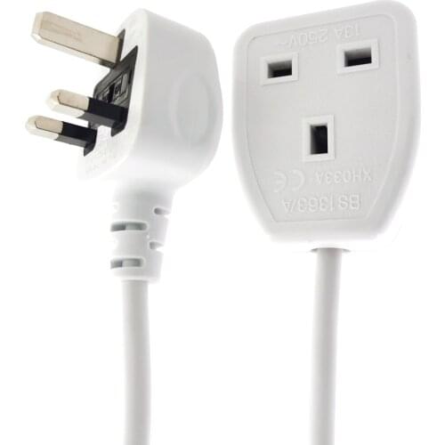 1.8m White UK Power Extension Cord ASTA Certificate, UK BS1363/A Overmold Fuse Max 13A Plug to Female Socket Adapter Cable