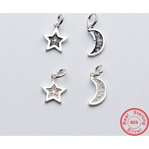 UQBing 100% 925 Sterling Silver Beads Charm Hollow Thai Silver Moon & Star Pendant For DIY Bracelet Bangle Necklaces DIY