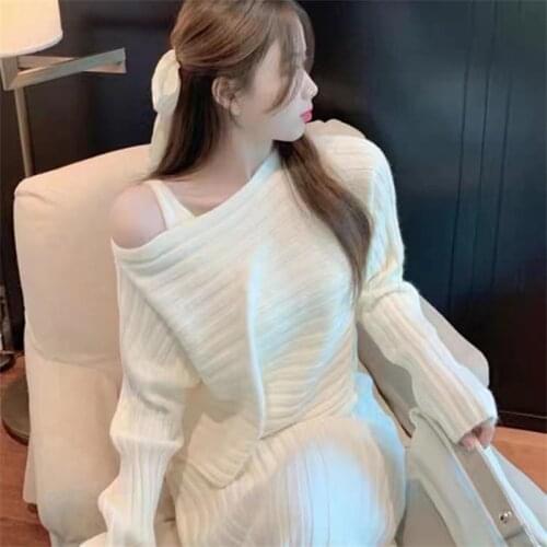 Knitted Suit 2 Piece Set Sweaters Winter Clothes Women Winter Dress Warm Knit Sweater Set Suspender Skirt Womens Long Sleeve Top