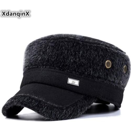 XdanqinX 2019 Winter New Middle-aged Warm Hats Mens Flat Cap Thick Warm Army Military Hat Adjustable Size Dads Earmuffs Caps