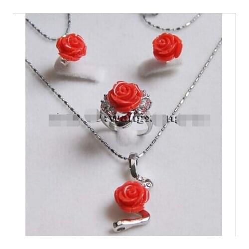 Womens Carved Pink Coral Flower Earrings/Ring/Necklace Pendant Set style Fine jewe Noble Genuine Natural stone gems Fortune Fin