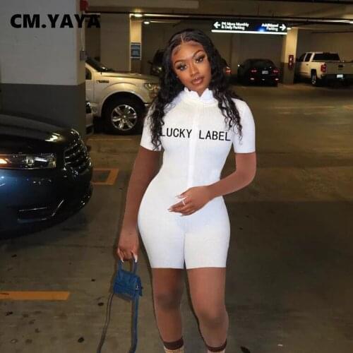 CM.YAYA Women Playsuit Print Letter Short Sleeve Zip Sheath Elastic Playsuits Female Tracksuit Sportswear Casual Outfits Summer