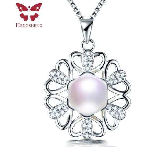 HENGSHENG Trendy 925 Sterling Silver Zircon Flower Pendant Jewelry 100% Genuine Natural Freshwater Pearl Necklace For Women