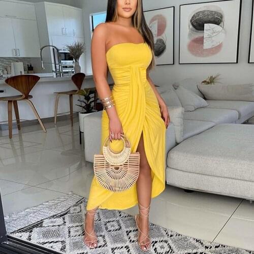 2021 New Style Women Strapless Dress Ladies Solid Color Off-Shoulder Sleeveless Slit Skirt with Cropped Hem for Ladies