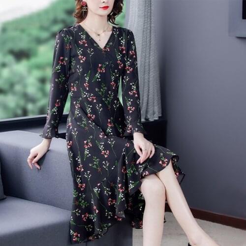 2021 Spring Floral Chiffon Vintage Midi Dress Autumn Casual 3XL Plus Size Long Sleeve Dress Elegant Women Bodycon Party Vestidos