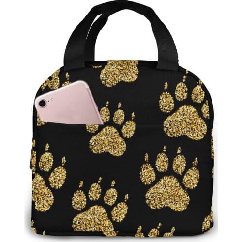 Golden Glitter Dog Paw Print Lunch Bag Portable Insulated Thermal Cooler Bento Lunch Box Tote Picnic Storage Bag Pouch