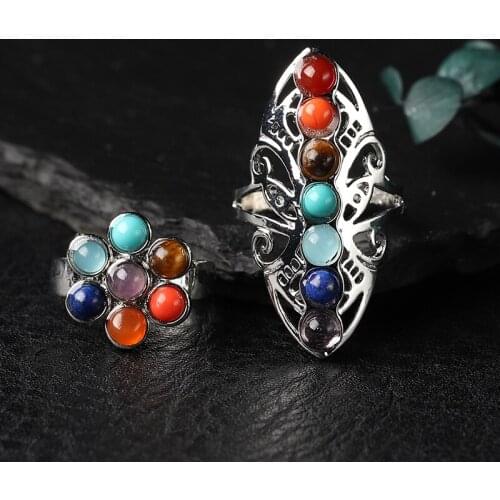 1PC Natural 7 Chakra Ring Reiki Energy Healing Dot Stone Adjustable Ring Rainbow Flower Woman ring For Women Ring Jewelry