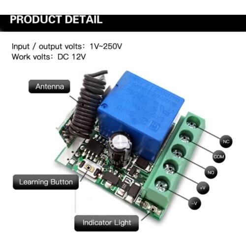 12V Remote Switch Wireless RF Control 1CH Relay Module 433Mhz Transmitter Receiver Compatible for Lights/Ceiling Fan