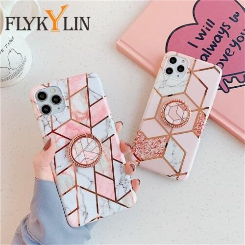 FLYKYLIN Ring Stand Plating Marble Case For iPhone 12 Pro Max 11 XS XR X 6 6S 7 8 Plus Mini Back Cover Soft IMD Silicone Coque