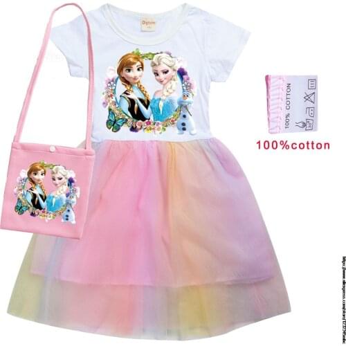 Disney Frozen Elsa Girls Kid T Shirt +bag Colour Gauze Pleated Princess Patchwork Dress Cute Cartoon Printed Baby Child Clothes