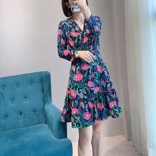 2021 New Spring Floral Tulip Print Mini Dress Full Sleeves V Neck Elegant Fashion
