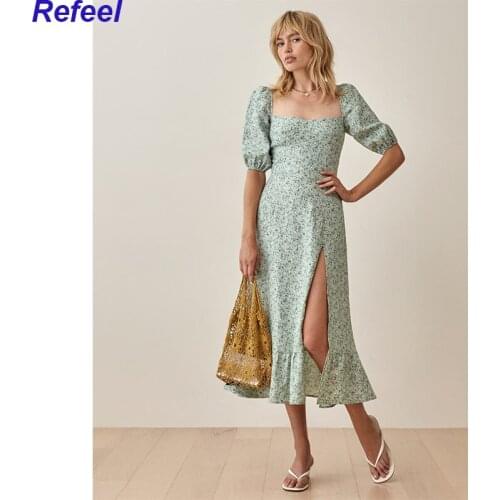 Elegant Women Summer Floral Print Midi Dresses Chic Puff Short Sleeve Dress Ladies Sexy Split V-Neck Party Dress