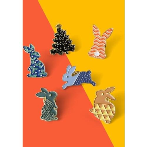 Custom Hand Drawing Animals Enamel Pin Pattern Tattoo Rabbit Brooches Lapel Badge Bag Cartoon Anime Jewelry Gift For Kid Friend