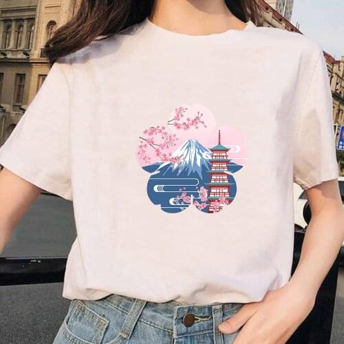 Japan Scene Cotton T Shirt Japanese Cherry Blossom Tshirt Women Summer Cute Womens T-shirt Flowers Print Girl Tops Ladies Casual