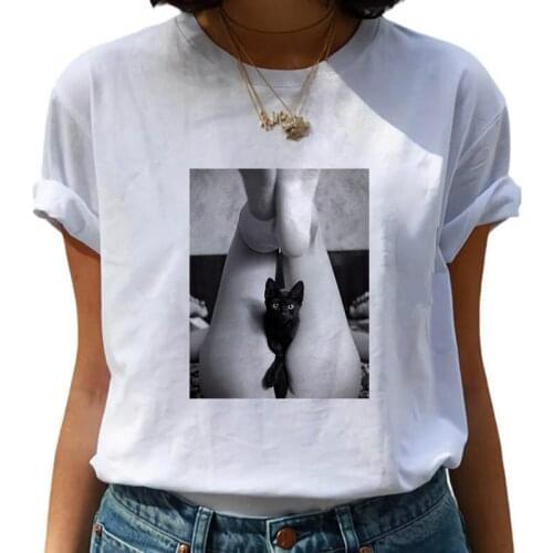 Summer Womens T-shirt Sexy Woman with Black Cat Print Short Sleeve Top and T-shirt Fashion Casual T-shirt Clothing