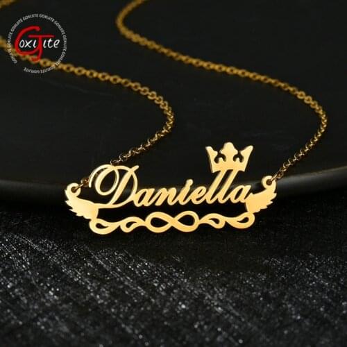 Goxijite Custom Classic Name Necklace With Infinity Personalized Crown Wings Letter Nameplate Charm Necklaces For Women Lover