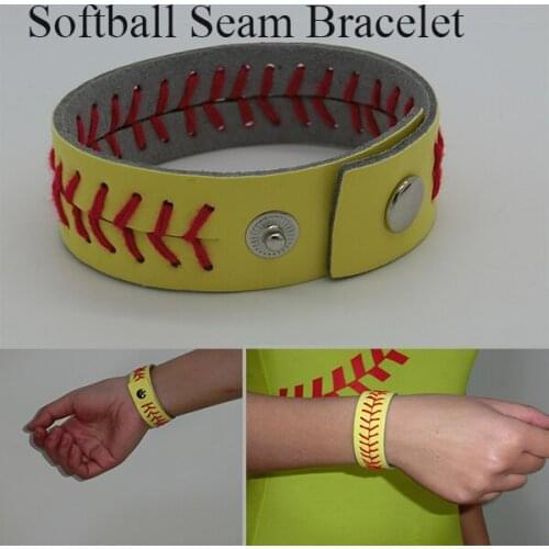 Softball Leather Bracelet Yellow Fast Pitch Jewelry Team School Sports Bat Glove