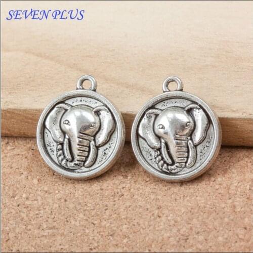 High Quality 20 Pieces/Lot 18mm*21mm Antique Silver Plated Embossed Elephant Round Disc Charms