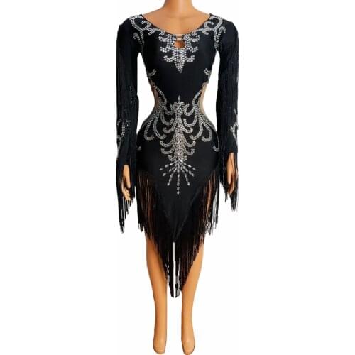 Fashion Bar Women Dancer Evening Outfit Silver Rhinestone Long Sleeve Fringes Spandex Dress Birthday Celebrate Latin Dress