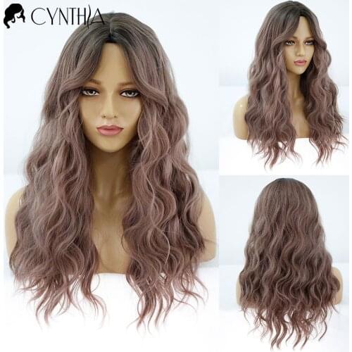 Brown To Pink Ombre Daily Wave Synthetic Wigs For Black White Women With Bangs Natural Heat Resistant Cosplay Hair Wavy Wig