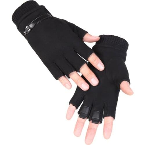 Mens Gloves Winter Warm Write Suede Leather Half-Finger Typing Office Womens Riding Driving Fleece Non-Slip Gloves