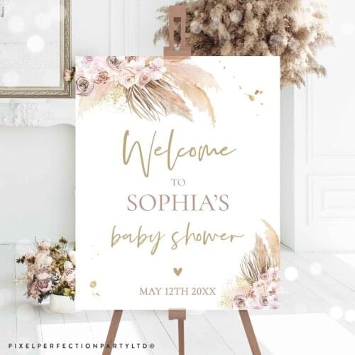 Editable Pampas Grass Baby Shower Welcome Sign Muted Tone Pampas Grass Welcome Sign Boho Tropical Desert Welcome Sign Instant
