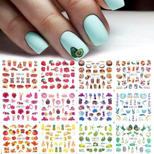 12pcs Nail Sticker Water Transfer Stickers Mixed Colorful Summer Fruit Cake Decals Wraps Tip Nail Art DIY Decoration Manicure