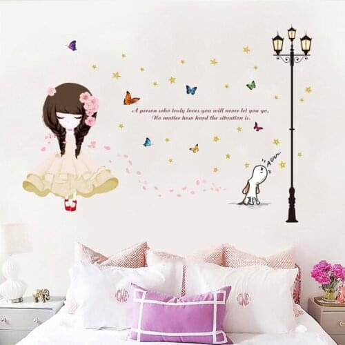 Under street lamp cute girl wall sticker PVC Material DIY butterfly girl wall decals For Childrens room home decor sticker