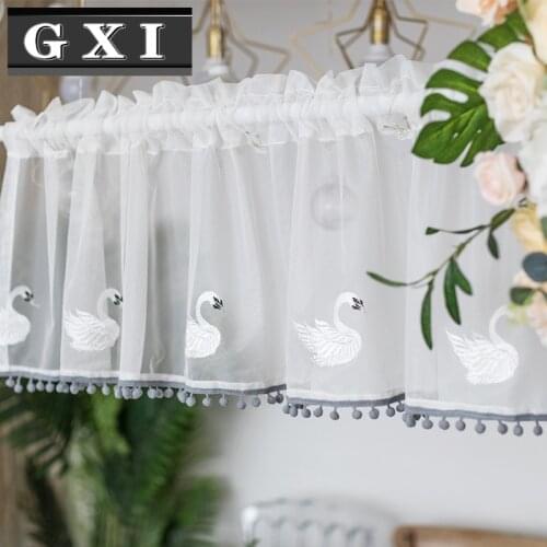 Pink Swan Lace Bottom Embroidery White Tulle Curtains Simple Modern for Kitchen Study Custom Door Window Short Curtain M062-3