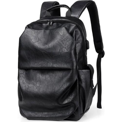 New School Student Backpack Solid Soft PU Leather Waterproof USB Charging Laptop Back Pack Men Women Travel Storage Daypack Bags